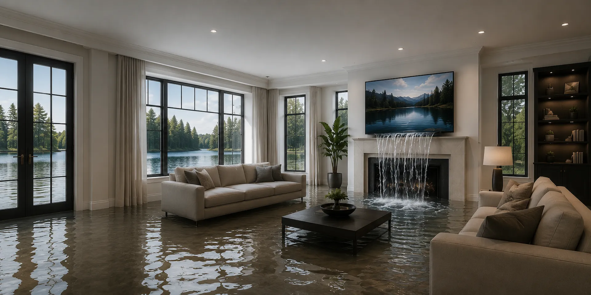 Flooded residential living room requiring professional water damage restoration
